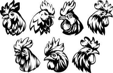 Obraz premium Head of rooster set. Cock abstract character illustration. Graphic logo designs template for emblem. Image of portrait for company use.