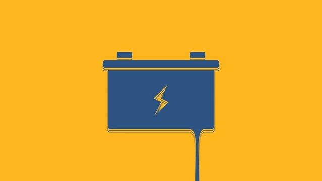 Blue Car battery icon isolated on orange background. Accumulator battery energy power and electricity accumulator battery. 4K Video motion graphic animation
