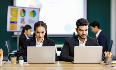 Millennial Asian Indian professional bearded male businessman female businesswoman employee staff...