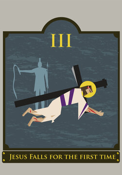 3rd Station. The Way of the Cross 3 or via Crucis. Traditional Version. Jesus falls the first time. Editable Clip Art.