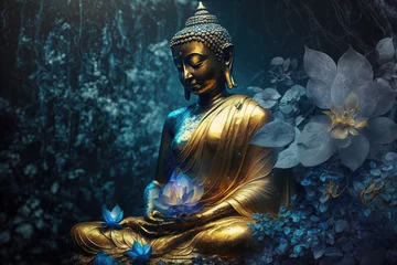 Rolgordijnen Buddha golden statue decorated with lotus blossoms, generative AI © Kien
