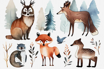 Watercolor winter forest animal collection. Generative ai design.