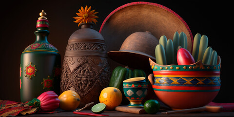 Fototapeta premium A Cinco de Mayo Mexican Still Life with Bokeh, a Mexican Hat and Cacti