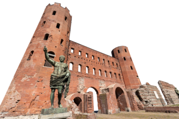 Ancient Roman ruins of Palatine gate and towers (Porta Palatina), isolated on white or transparent background, Turin downtown (Torino), Piedmont, Italy, Europe. Png.