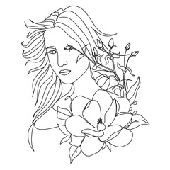 Woman face with flowers . Line art female hands with flowers . Abstract face with flowers  by one line drawing.