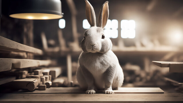 white bunny staying on some wood in woodshop workshop, generative AI