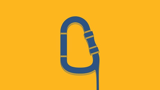 Blue Carabiner icon isolated on orange background. Extreme sport. Sport equipment. 4K Video motion graphic animation