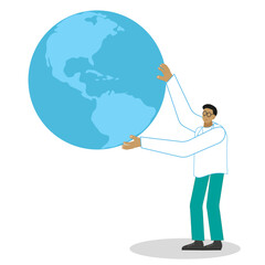A man holds the planet Earth with his big hands. The concept of protecting the planet. Flat vector illustration