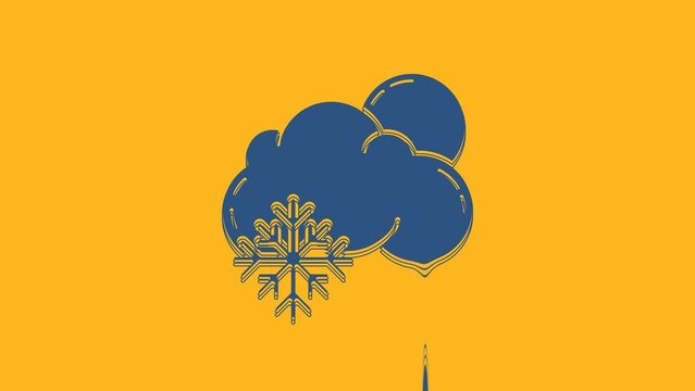 Blue Cloud with snow and sun icon isolated on orange background. Cloud with snowflakes. Single weather icon. Snowing sign. 4K Video motion graphic animation