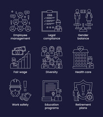 Set icons social, ESG concept. Icons with captions. Illustration isolated on a dark background