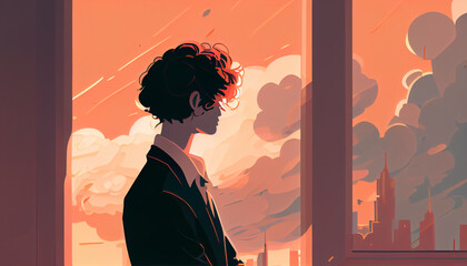 illustration of a person waiting and pensive while facing the window and looking at the urban landscape in the afternoon