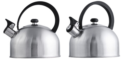 metal chrome kettle for a gas stove in different angles on a transparent background
