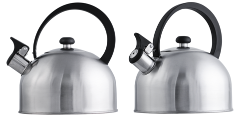 metal chrome kettle for a gas stove in different angles on a transparent background