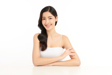 Fototapeta premium Beautiful young asian woman with clean fresh skin on white background, Face care, Facial treatment, Cosmetology, beauty and spa, Asian women portrait.