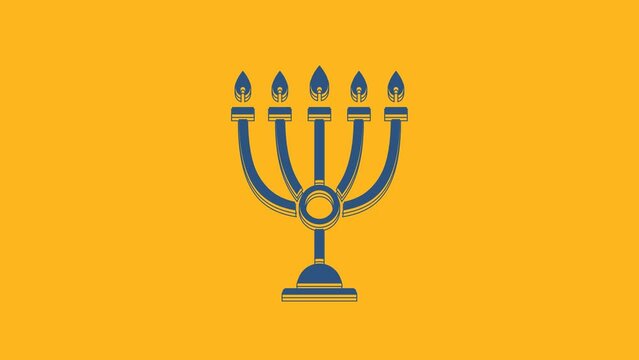 Blue Hanukkah menorah icon isolated on orange background. Hanukkah traditional symbol. Holiday religion, jewish festival of Lights. 4K Video motion graphic animation