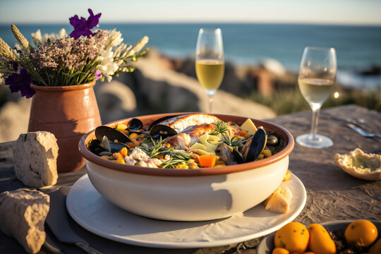 French Coastal Delights: Bouillabaisse with Fresh Seafood Served with Perfect Wine AI GENERATIVE