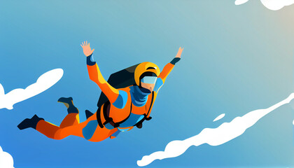 close-up view in the sky of skydiving in a gliding style with backpack parachute glasses dan helmet