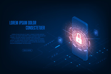 Vector isometric data security system with mobile phone concept.