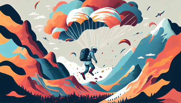 Panoramic view of people parachuting around mountains with a beautiful horizon