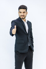 Portrait isolated studio shot  Asian Indian professional successful bearded male businessman entrepreneur ceo manager in formal business suit stand smiling posing on white background