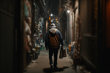 Fototapeta na wymiar a drunk man walks through a dark night alley. Generative AI