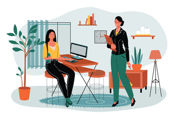 Workplace green orange concept with people scene in the flat cartoon design. Manager came to the employee to give a new tasks for her. Vector illustration.