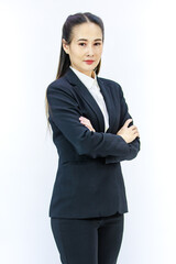 Portrait isolated cutout studio  shot of Millennial Asian professional successful female businesswoman lawyer ceo in formal business suit posing smiling on white background