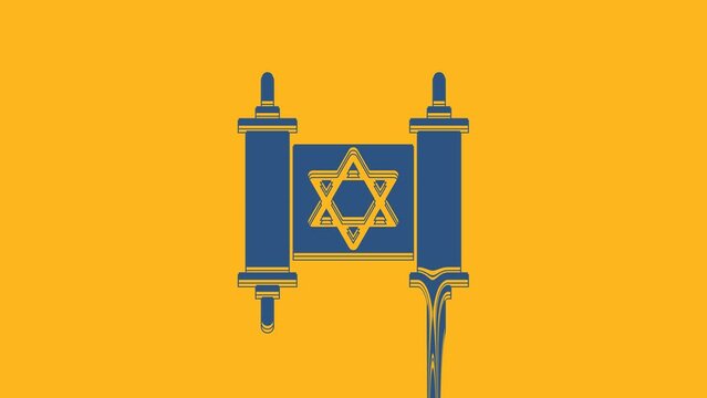 Blue Torah scroll icon isolated on orange background. Jewish Torah in expanded form. Star of David symbol. Old parchment scroll. 4K Video motion graphic animation