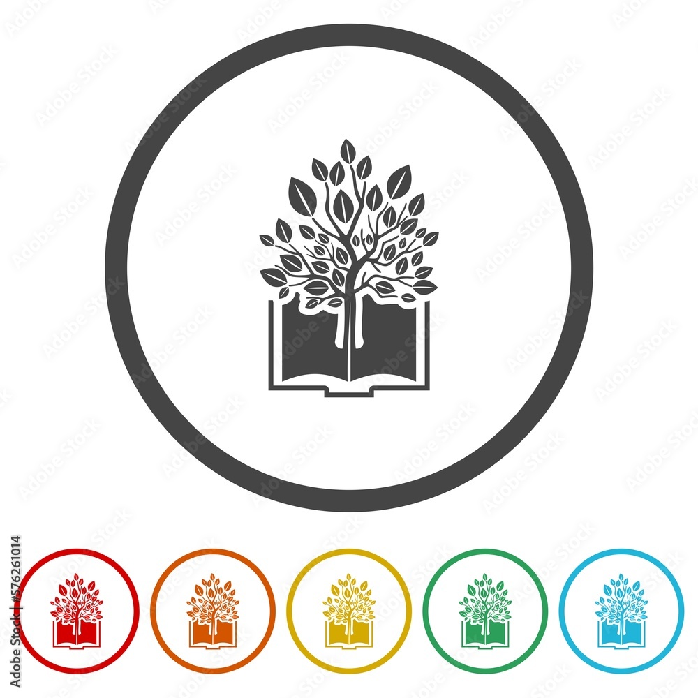 Poster tree book logo icons in color circle buttons