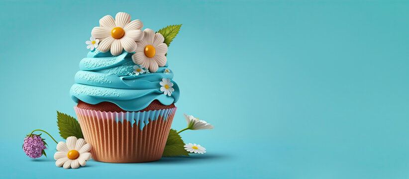 Festive cupcakes with spring flowers and sprinkles for a party. Generative AI. A place for your text. Blue background.