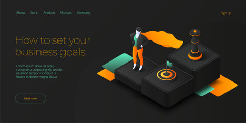 Strategic planning vector illustration in isometric design. Business strategy analysis and vision concept with queen chess piece and woman with spyglass. Web banner layout