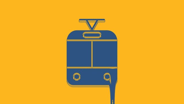 Blue Tram and railway icon isolated on orange background. Public transportation symbol. 4K Video motion graphic animation
