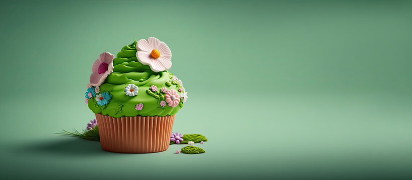 Spring Holiday cupcakes with flowers and sprinkles for a party. Generative AI. A place for your text. Green background.