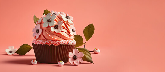 Spring Holiday cupcakes with flowers and sprinkles on a pink background. Generative AI. A place for your text. - obrazy, fototapety, plakaty