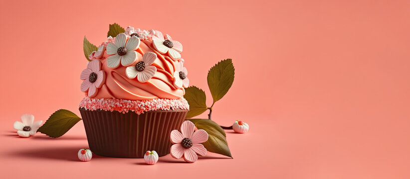 Spring Holiday cupcakes with flowers and sprinkles on a pink background. Generative AI. A place for your text.