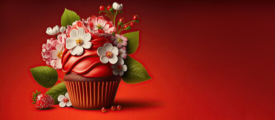 Spring Holiday cupcakes with flowers, berries and sprinkles on a red background. Generative AI. A place for your text.
