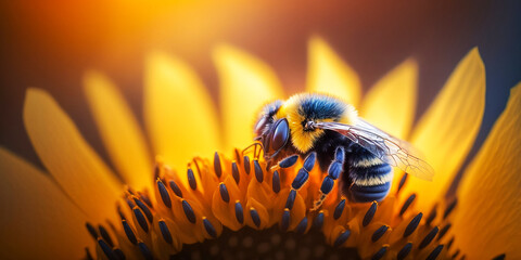 Honey bee sits on a sunflower and collects nectar. Close-up of a working insect. Seasonal background surrounded by the beautiful light of the rising sun. Moody light. Spring time. Generative AI.  - obrazy, fototapety, plakaty