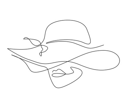 Continuous one line drawing of beautiful woman wearing sun hat. Simple linear beauty lady face and summer hat  line art vector illustration.  