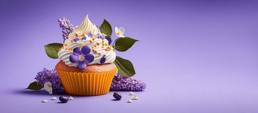 Spring Holiday cupcakes with flowers and sprinkles on a purple background. Generative AI. A place for your text.
