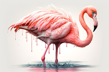 Fototapeta premium Portrait of a pink flamingo. Tropical background with a bird. Generative AI.