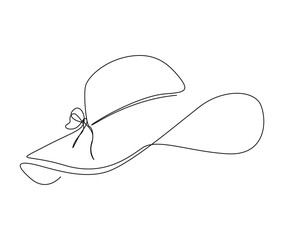 Continuous one line drawing of women sun hat. Simple female summer hat  line art vector illustration.  