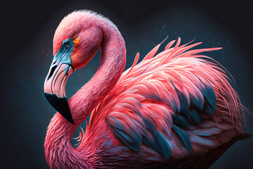 Portrait of a pink flamingo. Tropical background with a bird. Generative AI.