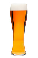 Full pilsner glass of bubbling amber beer or ale with tall head of foam isolated on white background - obrazy, fototapety, plakaty