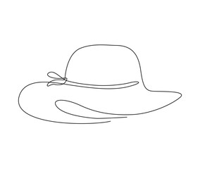 Continuous one line drawing of women sun hat. Simple female summer hat  line art vector illustration.  