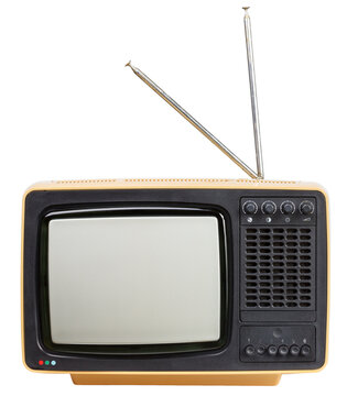 Yellow vintage portable CRT TV receiver with antennas isolated on white background. Retro technology concept