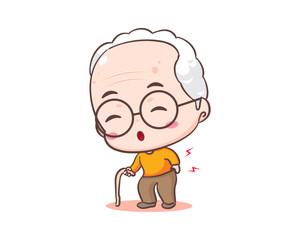 Cute grandfather or old man cartoon character. Grandpa feel hurt on the back. Kawaii chibi hand drawn style. Adorable mascot vector illustration. People Family Concept design