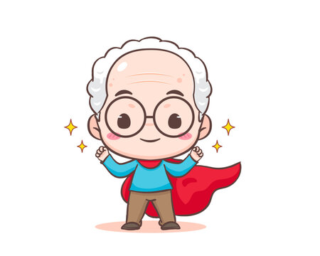 Cute grandfather or old man cartoon character. Super hero grandpa with red cloak and stars around. Kawaii chibi hand drawn style. Adorable mascot vector illustration. People Family Concept design