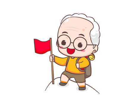 Cute grandfather or old man cartoon character. Grandpa hiking holding red flag on top mountain. Kawaii chibi hand drawn style. Adorable mascot vector illustration. People Family Concept design