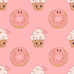 Seamless pattern with cute pastry characters. Groovy cartoon donut and cake cupcake on pink background. Vector Illustration for wallpaper, design, textile, packaging, decor, childrens collection.