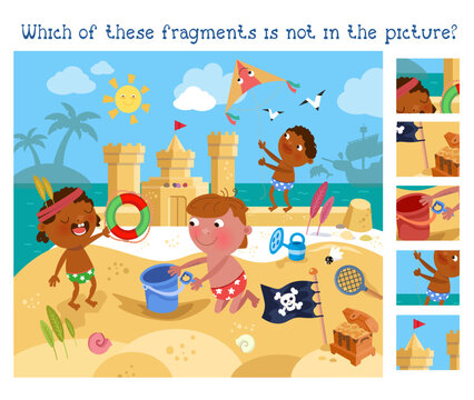 Find fragments. Educational puzzle game for children. Cute children near sea. Boy flying kite on beach in summer. Color illustration. 